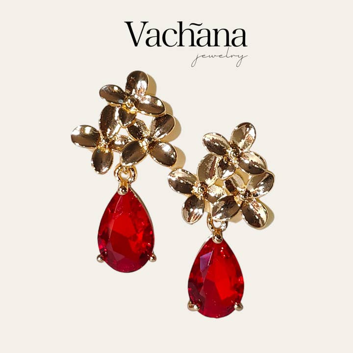 Red Teardrop Cubic Zirconia Gold Plated Flower Stud Earrings for wholesale by Vachana