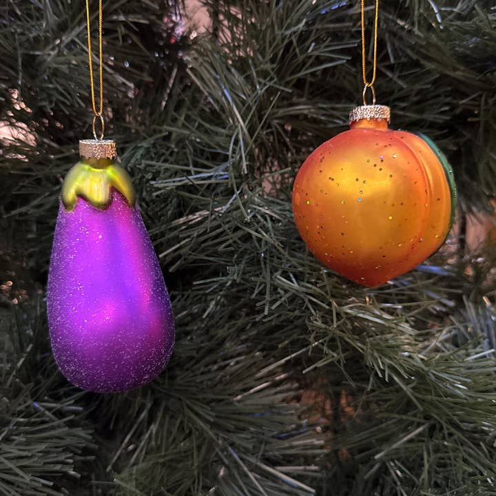 Eggplant & Peach Christmas Ornament, Emoji Ornament for wholesale by Dirty Grove by Hazel Grove Customs