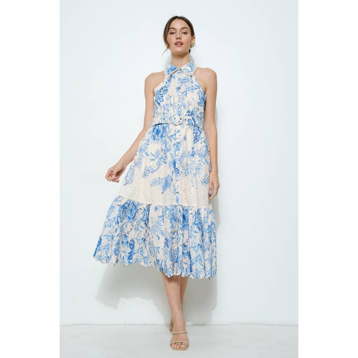 BLUE MULTI Floral Eyelet Halter Midi Dress for wholesale on Faire
