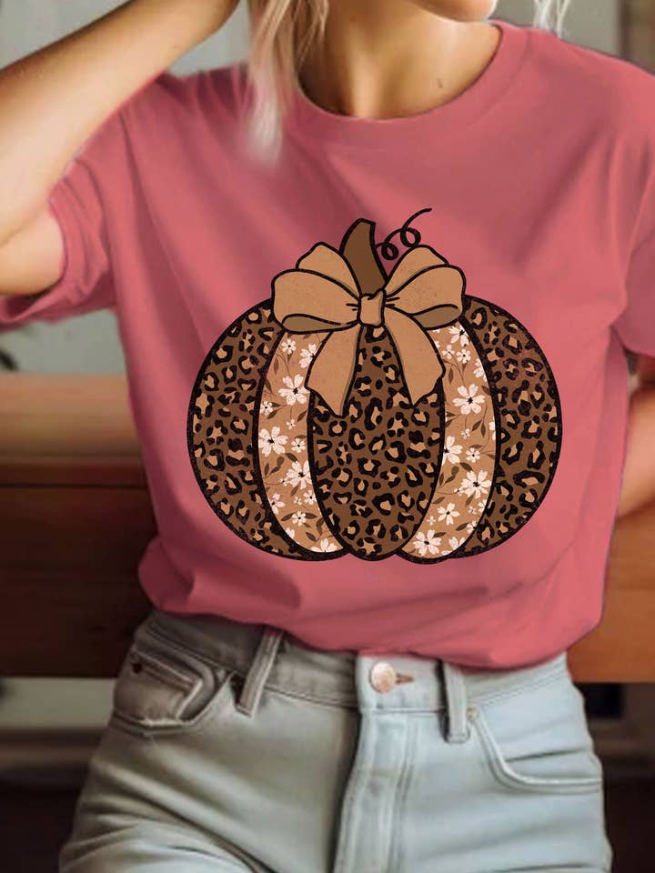 COQUETTE BOW LEOPARD FLOWER PUMPKIN GRAPHIC TSHIRTS for wholesale by Rustee Clothing