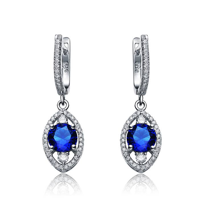 Brincos de gota de forma oval de safira banhado a ródio CZ SS (8204) por atacado de Genevive