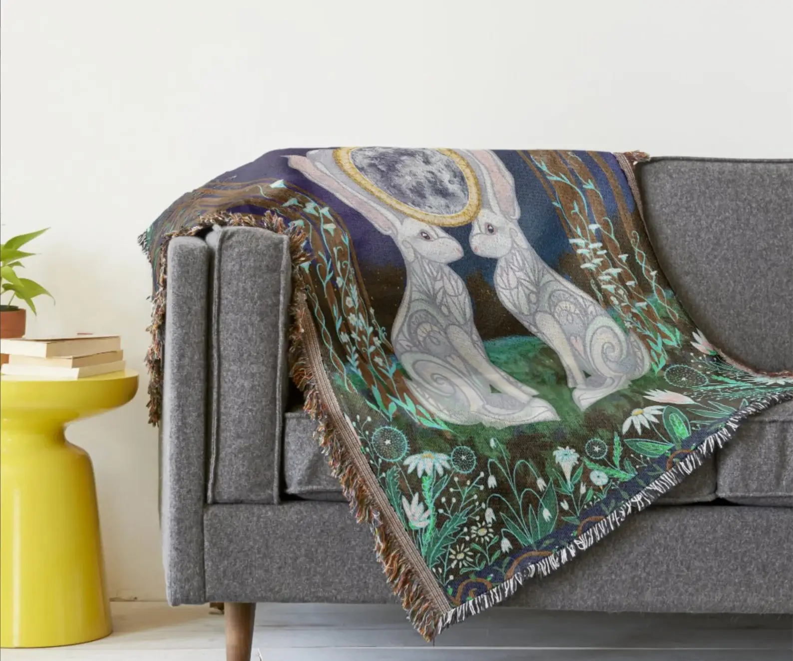 Blue Lunar Moth Hare Bunny Rabbit Mushroom Woven Tapestry Blanket for wholesale on Faire1