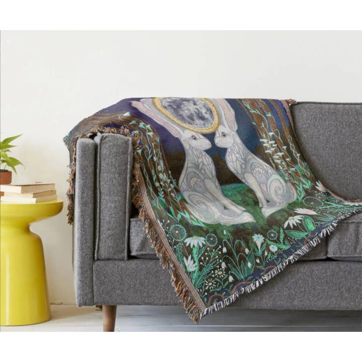 Blue Lunar Moth Hare Bunny Rabbit Mushroom Woven Tapestry Blanket for wholesale on Faire1