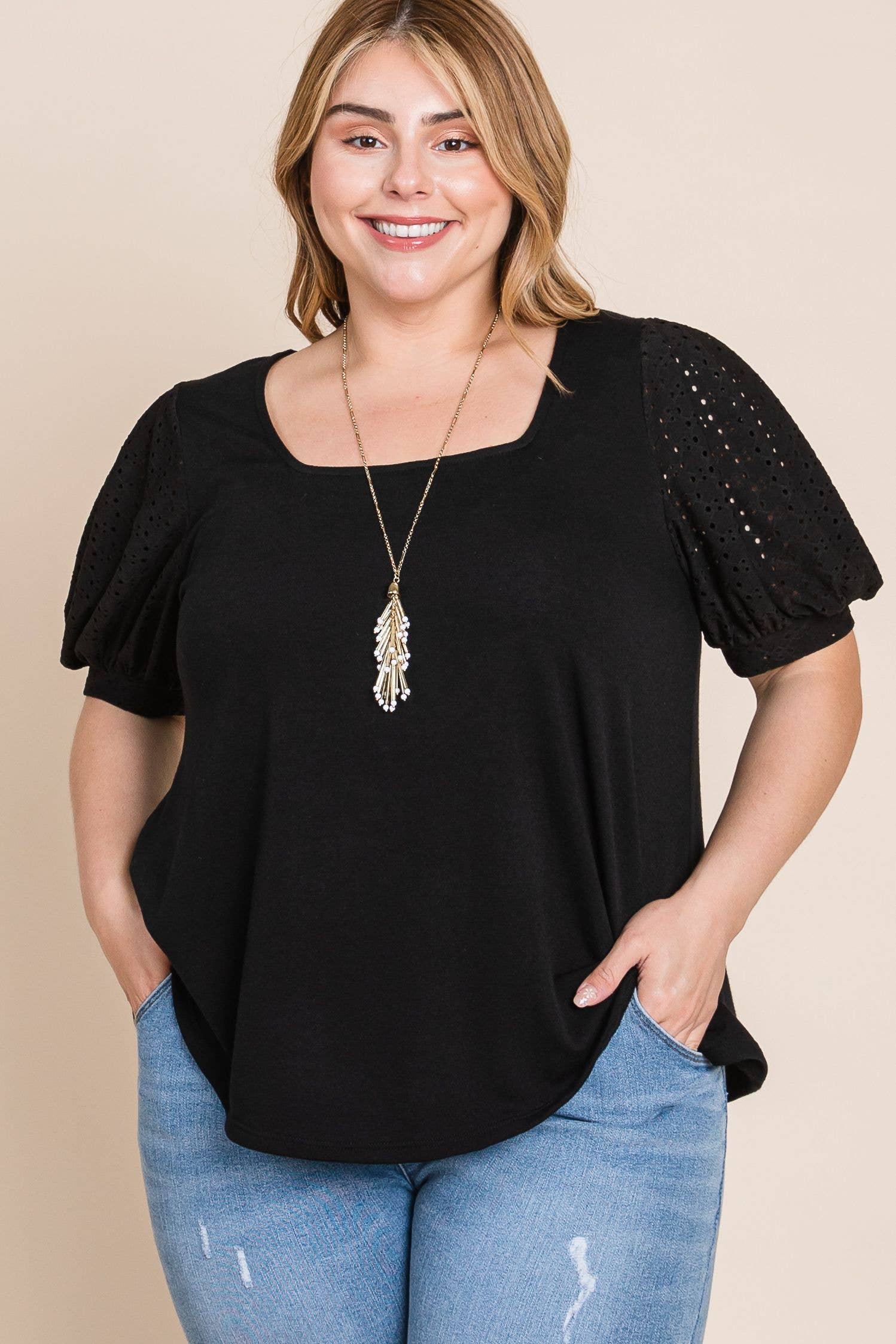 Sort ETK-8820-PL Plus Størrelse Øje Boble ærmer Solid Strik Top for engroshandel på Faire6