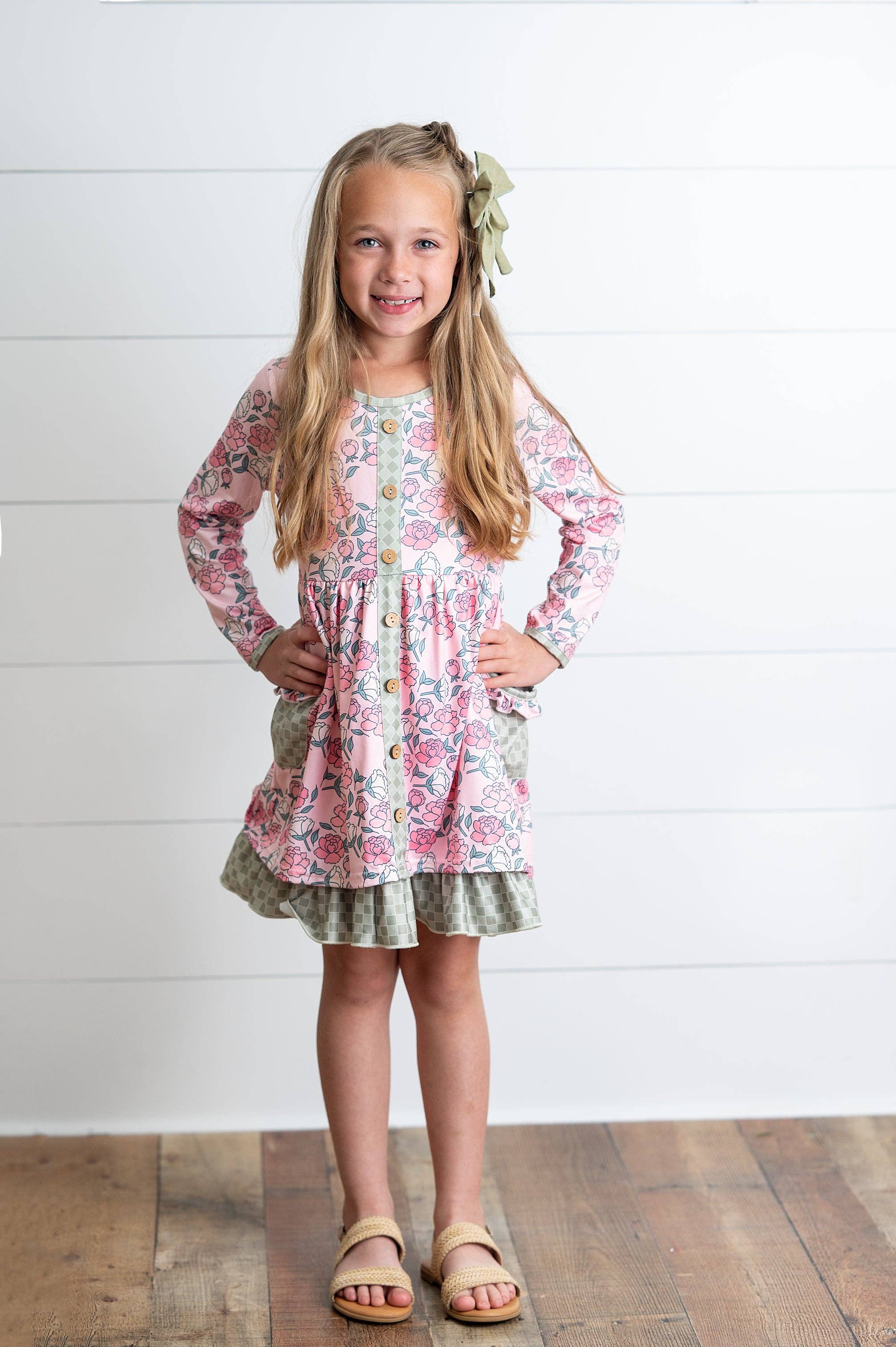 Adorable Sweetness - Wholesale Dress - Kids - Girls Rose Floral & Sage Check Ruffle Pocket Tie Dress3
