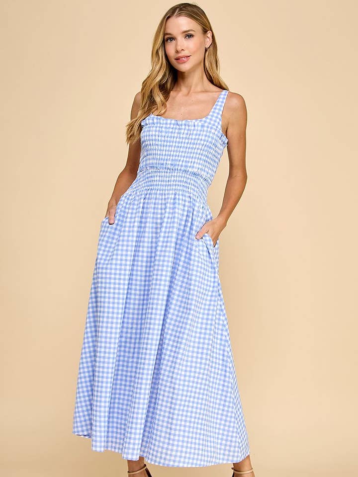 CD05108-Gingham Smocked Bodice Midi Dress for wholesale by TCEC