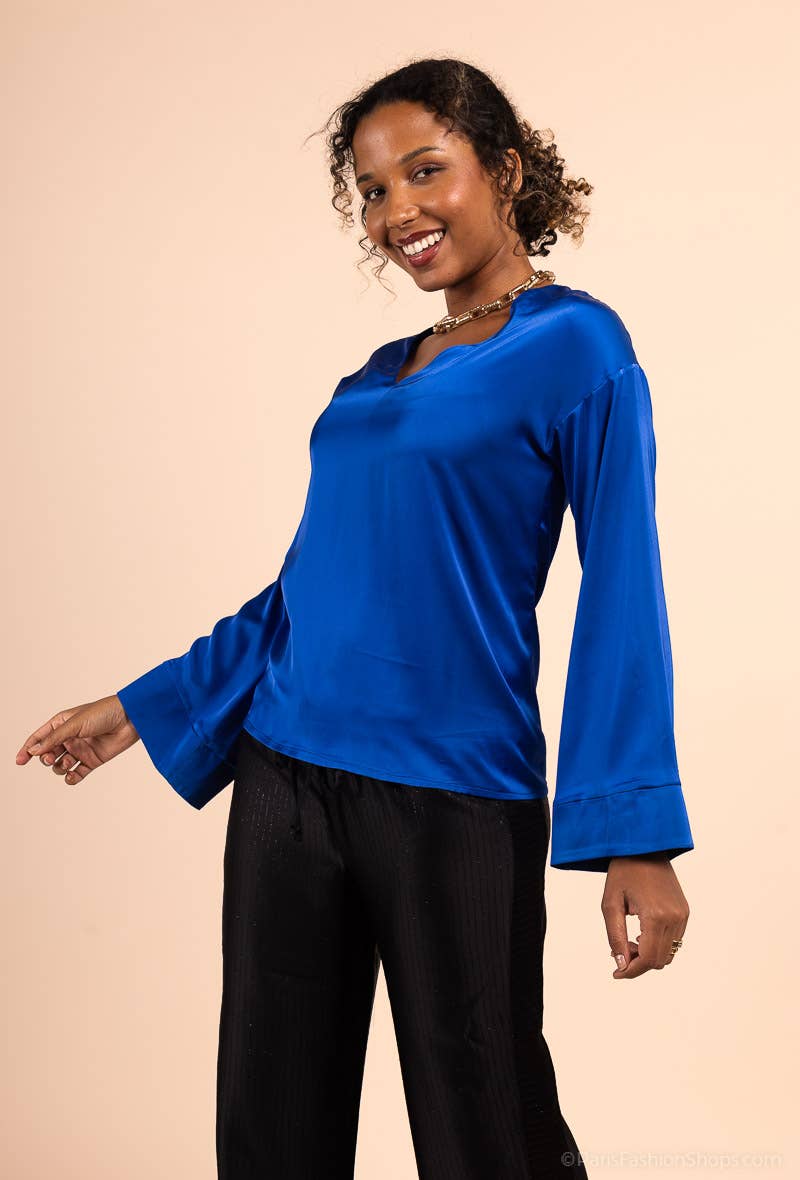 You Udress – Großhandel Tunika – Damen – Solide Satin-Tunika mit V-Ausschnitt und langen, ausgestellten Ärmeln3