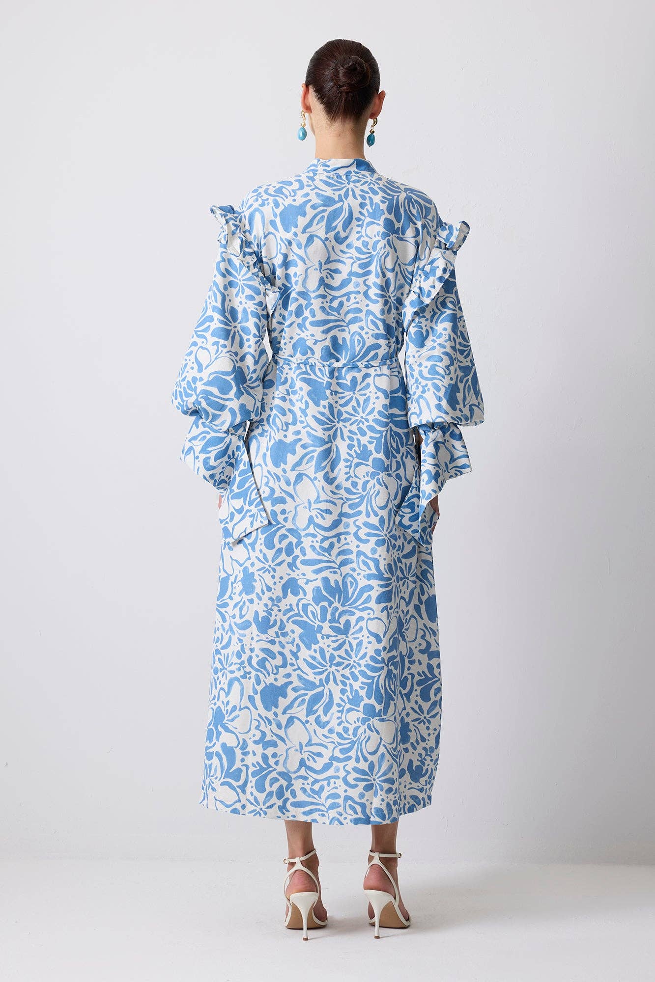 Blue  RUFFLE SLEEVE FLORAL POPLIN MAXI DRESS - LINEN BLEND for wholesale on Faire3
