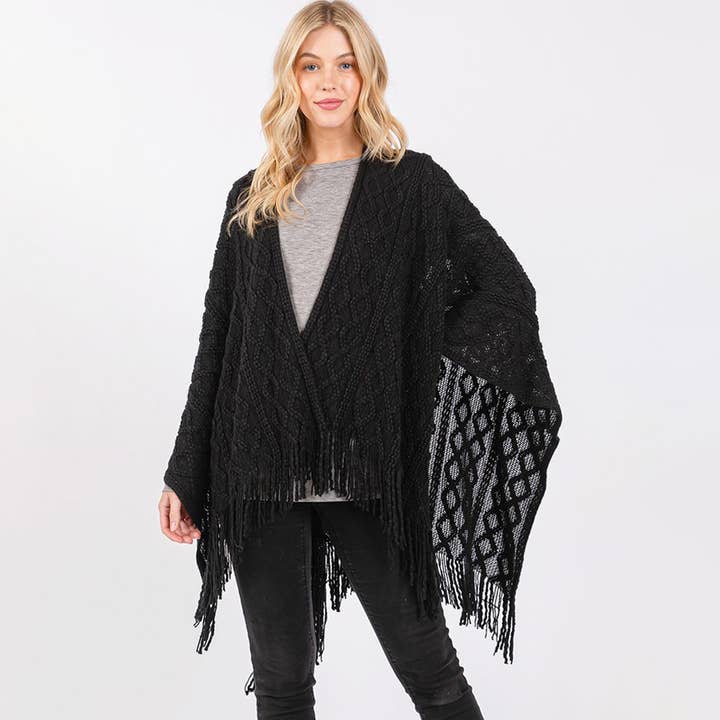Diamond Pattern Tassel Knit Ruana Poncho for wholesale by Sensibling Corp.