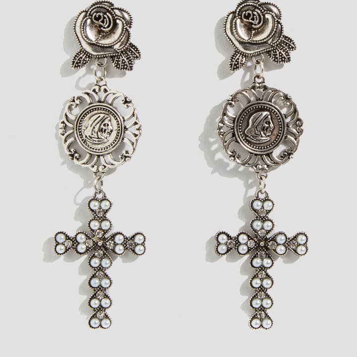 Unholy Cross Drop Earrings with Rose Design in Silver for wholesale by Heretic Nine