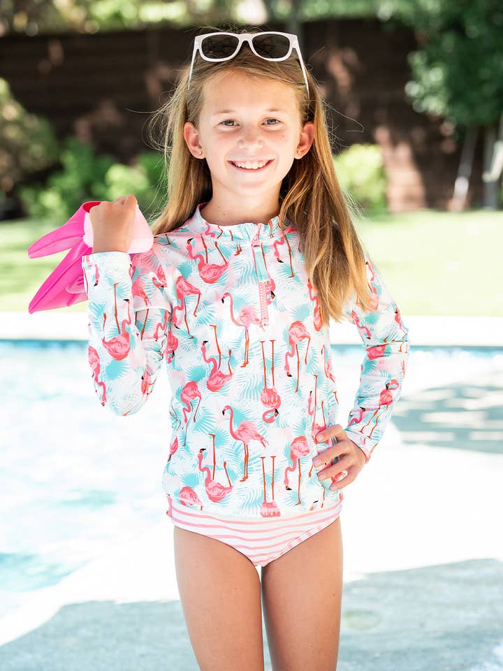 Multi color Girls Vibrant Flamingo Long Sleeve Zipper Rash Guard 2-Piece Swimsuit with Signature Rear Ruffles
for wholesale on Faire
