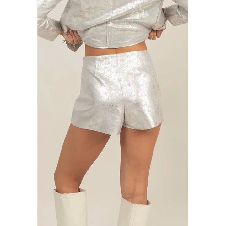 SILVER Creased Foil Suede Wrap Mini Skirt for wholesale on Faire