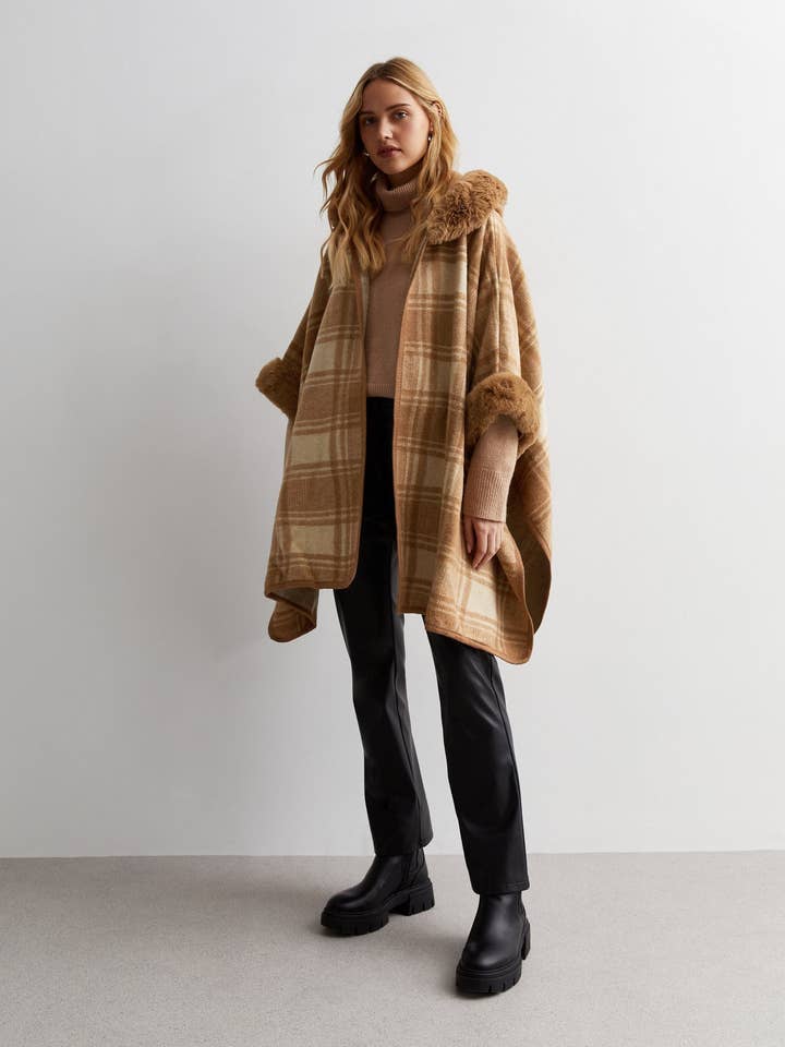 Camel Fur Trim Check Longline Cape for wholesale by GINI LONDON