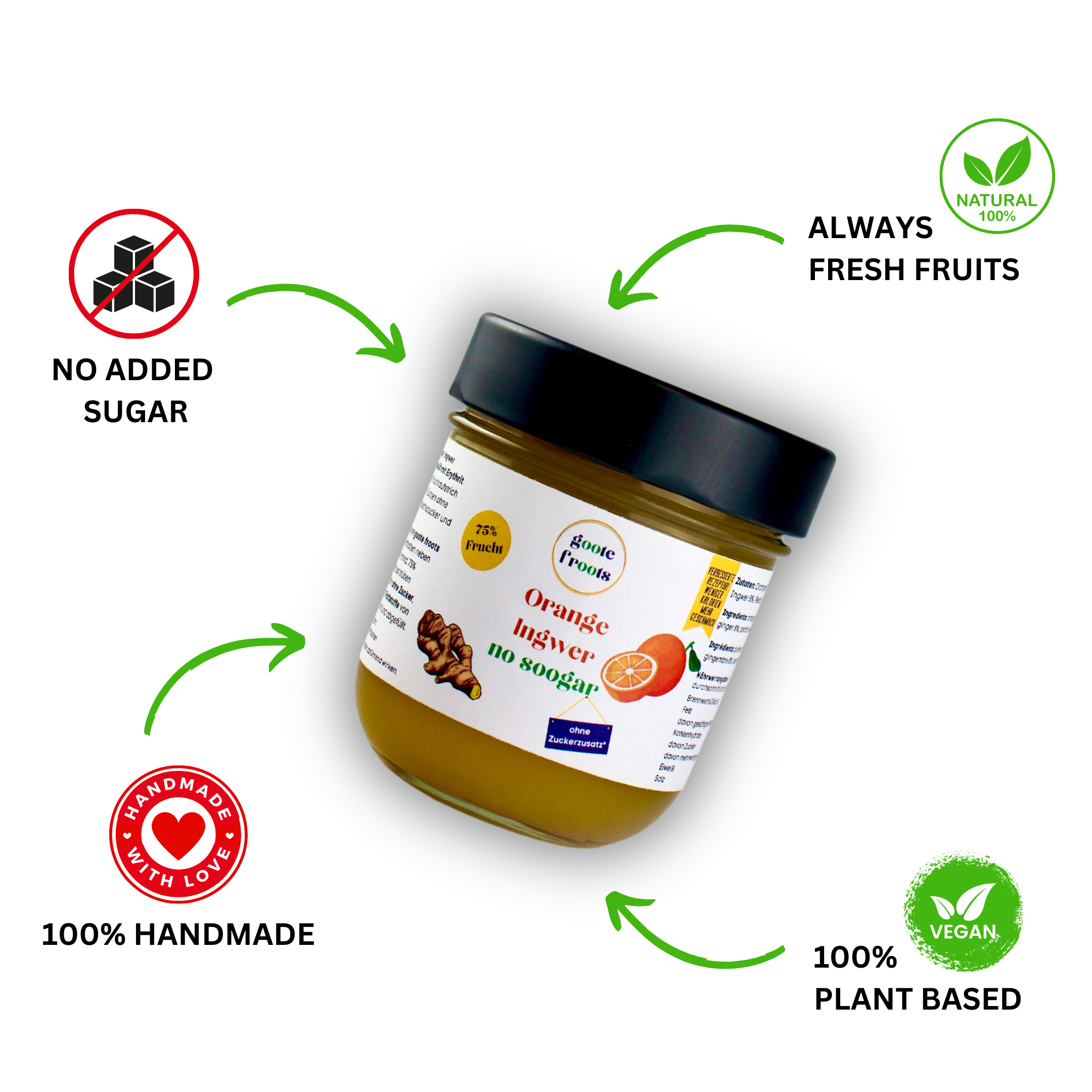 gootesfood -Die Food Manoofaktoor – Engroshandel Marmelade – Sukkerfri appelsin ingefær 75% frisk frugt pålæg1