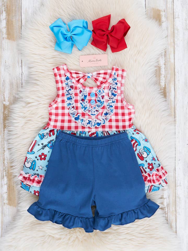 Marie Nicole Clothing - Wholesale Top & Short Set - Kids - Red Gingham Patriotic Treats Outfit