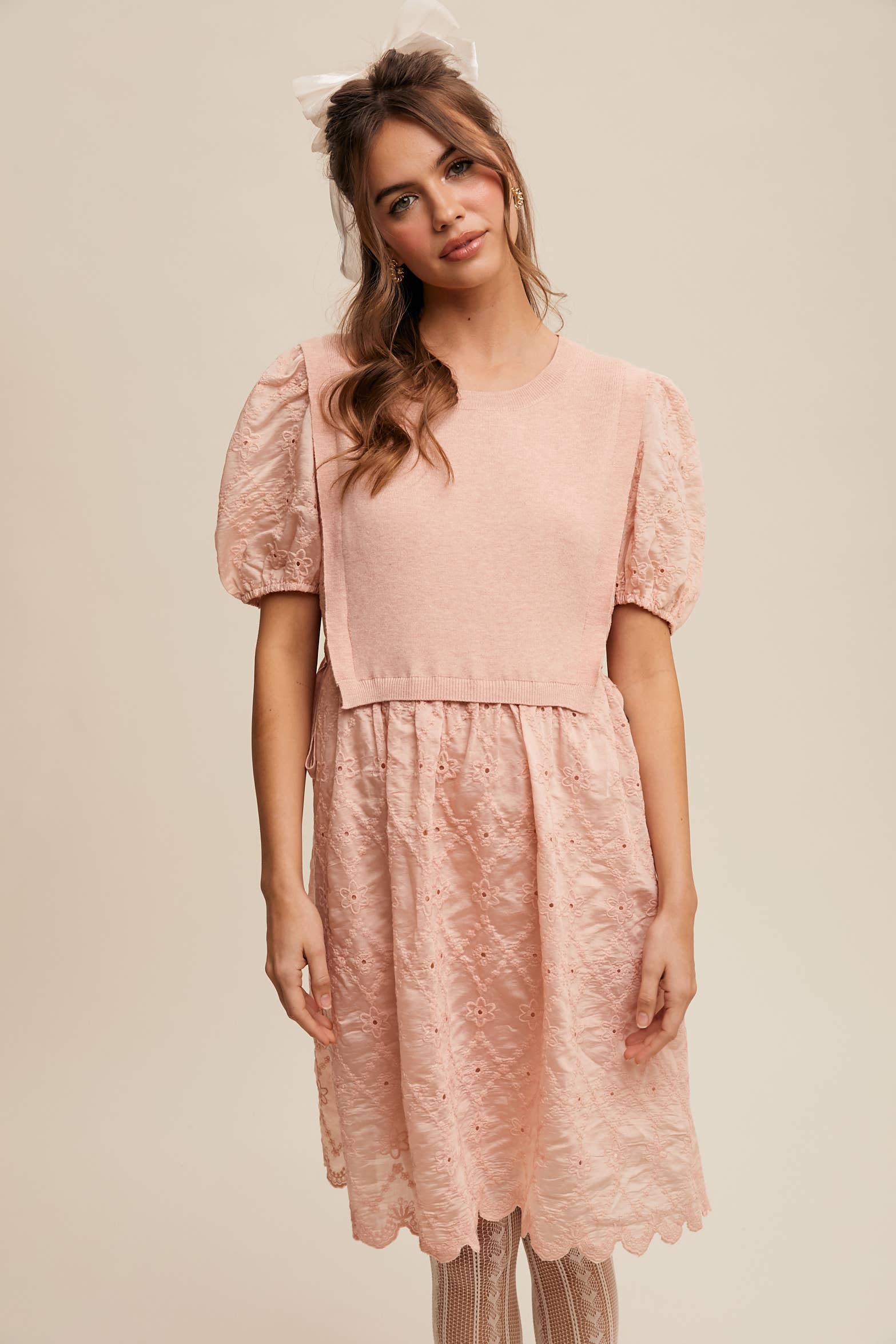 Listicle - Wholesale Dress - Women's - Embroidered Puff Sleeve Dress with Knit Vest2