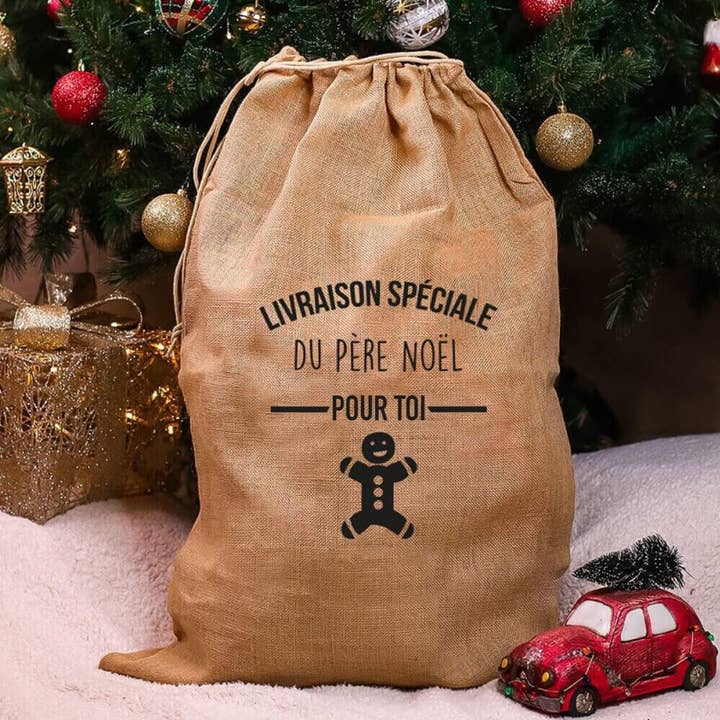 Weihnachtssack XL (55 x 75 cm) aus 100% Jute mit Lebkuchenmotiv für den Großhandel von Ourson Câlin
