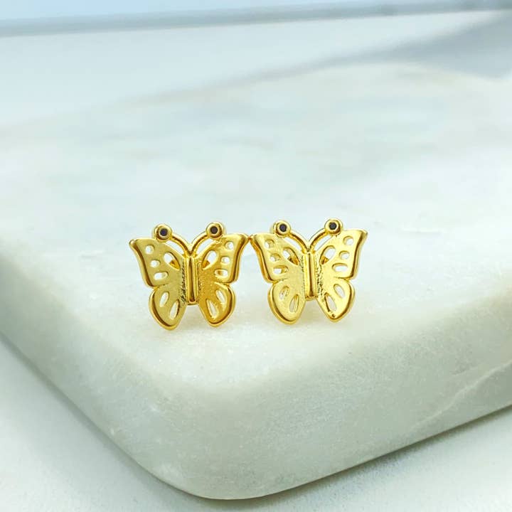 18k Gold Filled Butterfly Shape Stud Earrings, with Micro Black CZ, Petite Butterfly Earrings for wholesale by Luxus Accessories