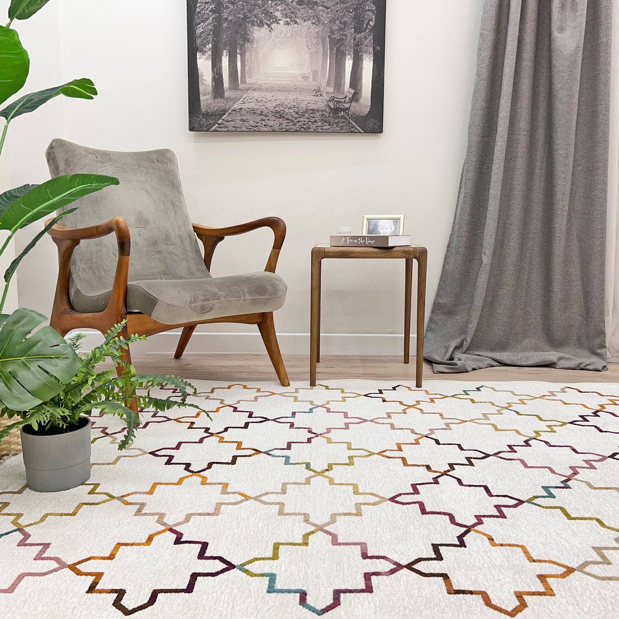 Alfa Rich Inc – wholesale Matta – Marockansk diamantlänkmatta, vit grädde flerfärgad matta, tvättbar bomullsmatta, lätt ren husdjursvänlig matta, estetisk boho-matta, geometrisk matta1