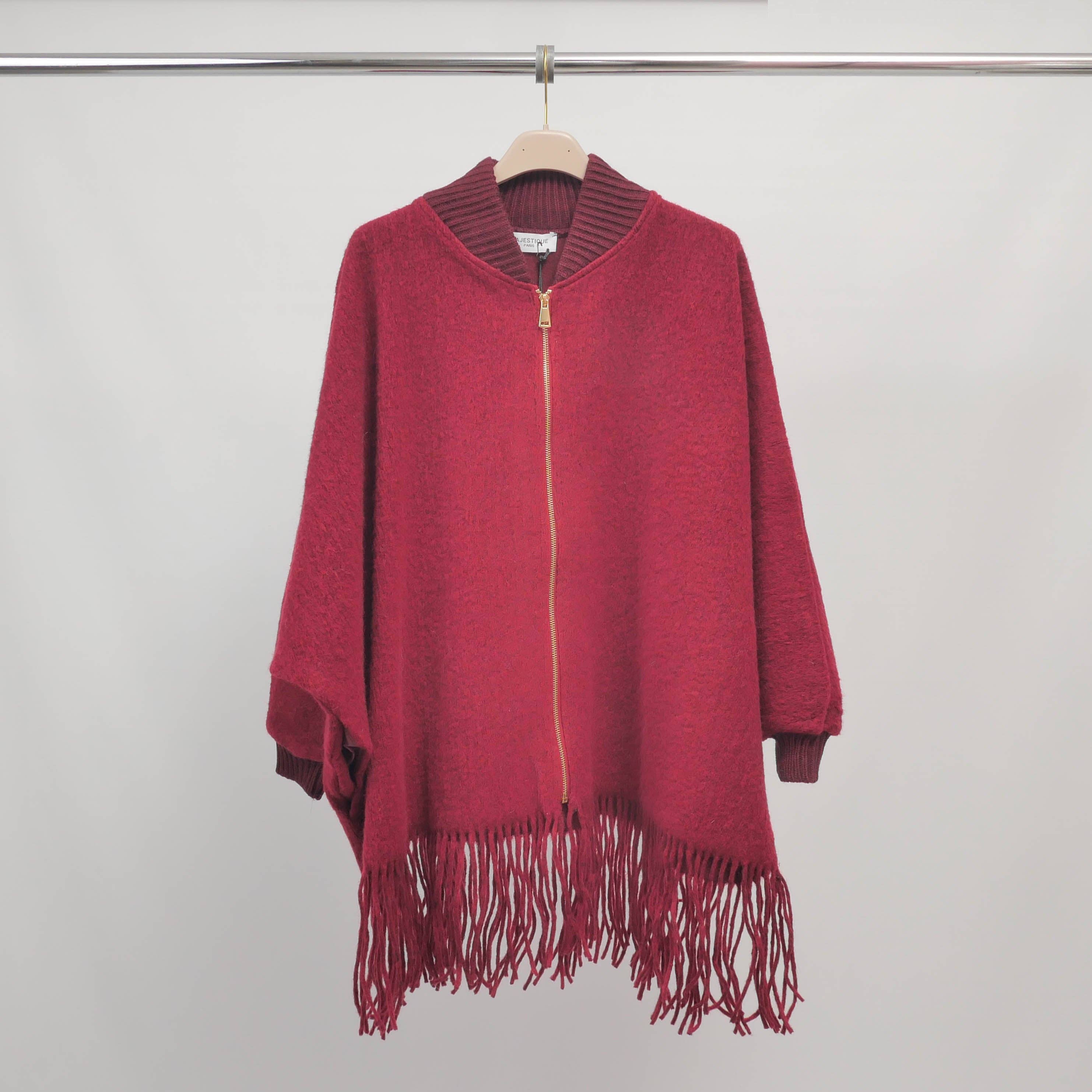 Cecile Wang - Vente Poncho – femme - Poncho à franges zippé manches chauve-souris – MJ842024