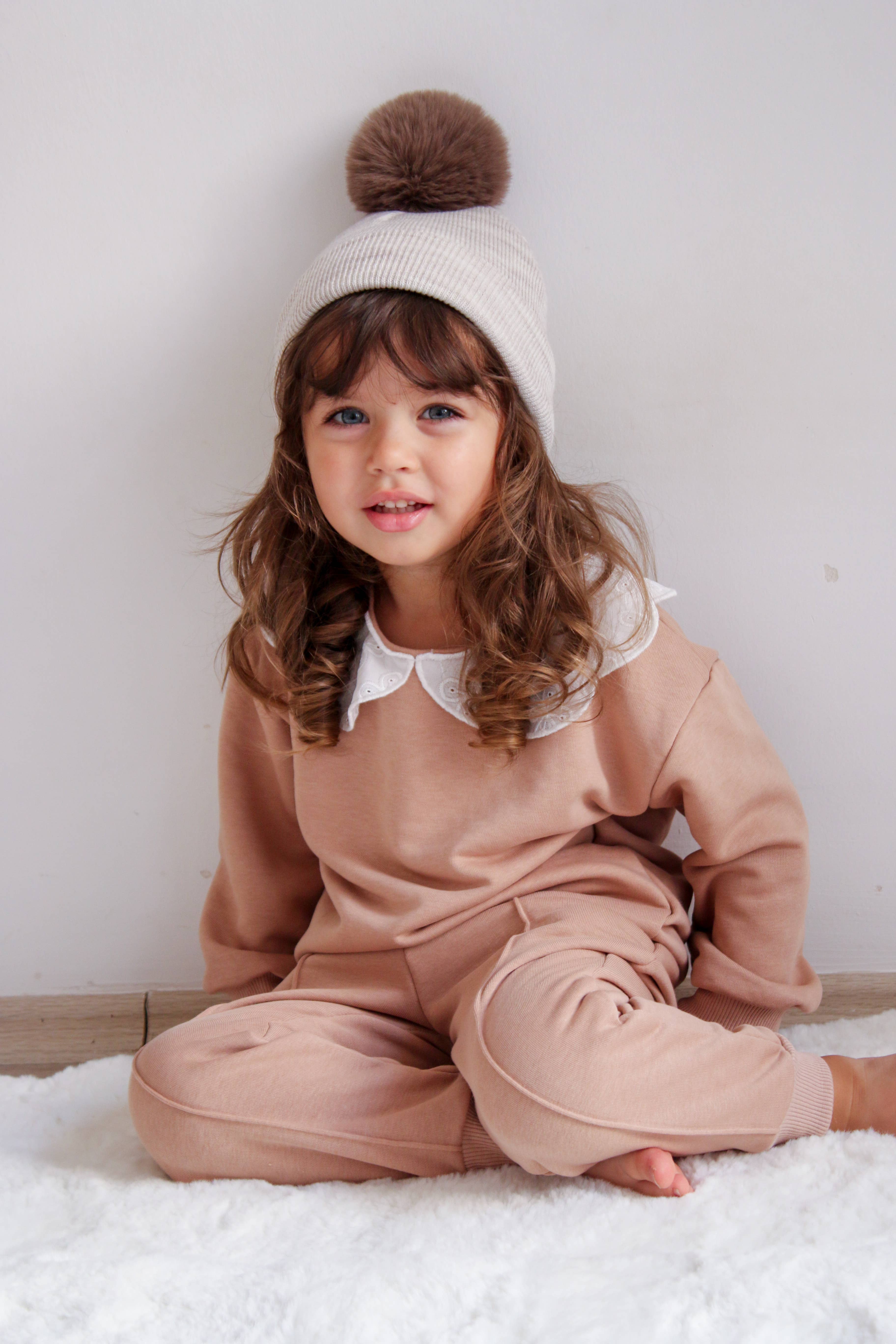 Vizon Single Pom Pom Baby/Kid's Marble Beige Beanie Hat 0-8 Years for wholesale on Faire8