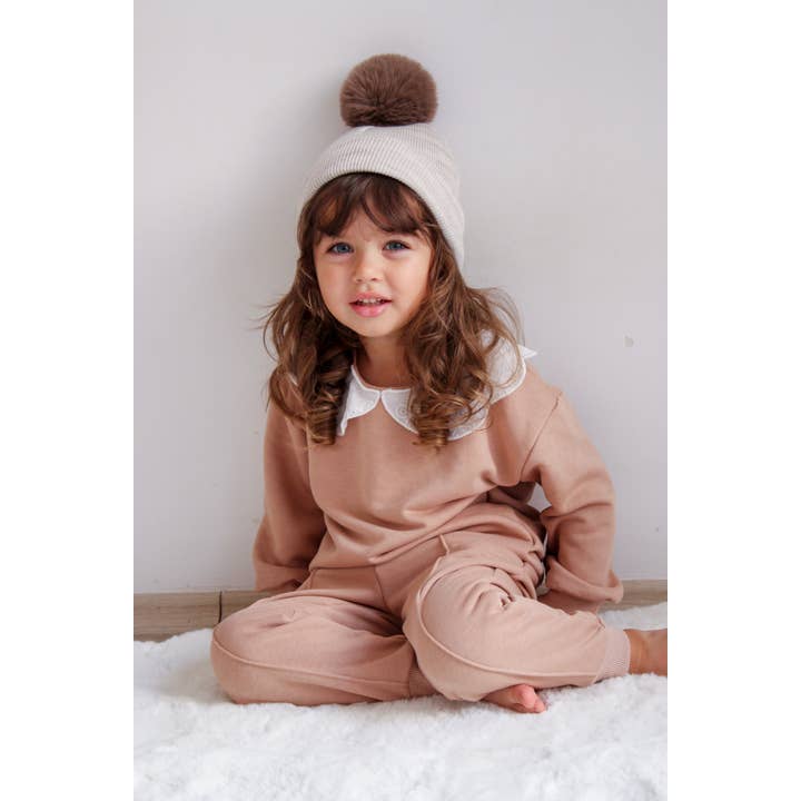 Vizon Single Pom Pom Baby/Kid's Marble Beige Beanie Hat 0-8 Years for wholesale on Faire8