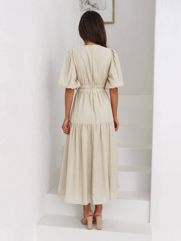 Sweetkama - Wholesale Dress - Women's - Ladies Bubble Sleeves V-Neck Daily Midi Dress GQRM