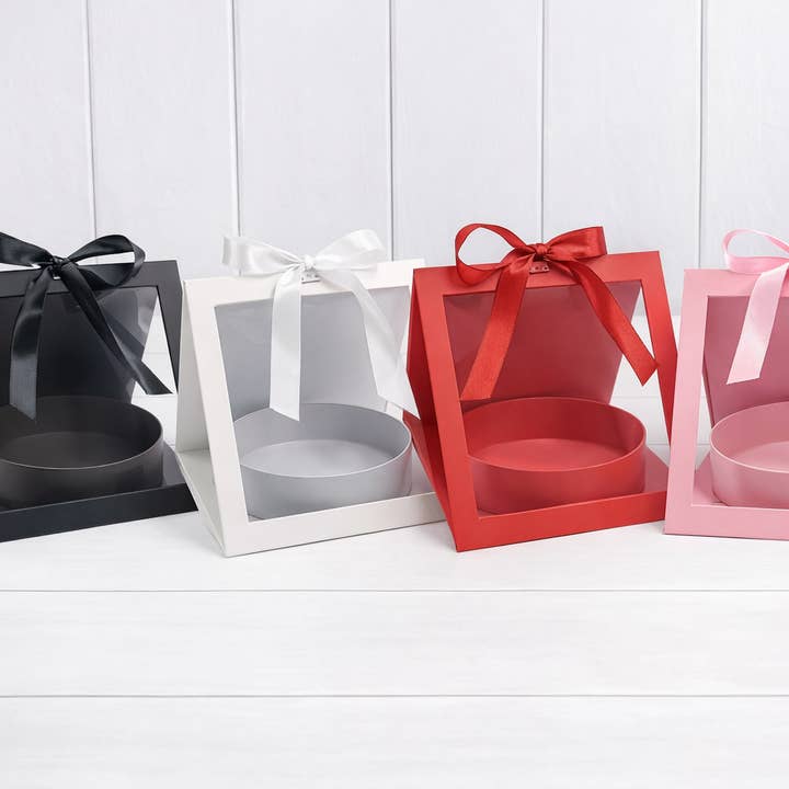 Boîte cadeau fleur avec fenêtre carrée transparente, insert rond et ruban pour la vente par Elegant Design Supply