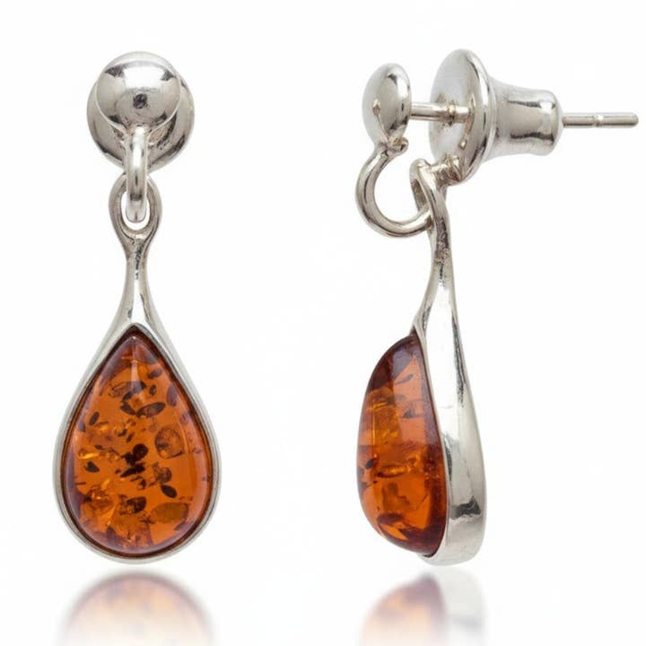 Boucles d'oreilles ambre cognac Lituanie AA argent 925 pour la vente par La Boîte à Cailloux