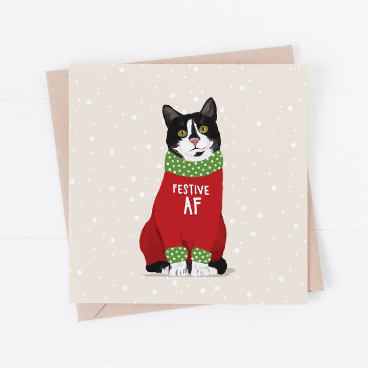 Tarjeta de Navidad divertida de gato, jersey navideño festivo AF para venta al por mayor de Richarts Designs