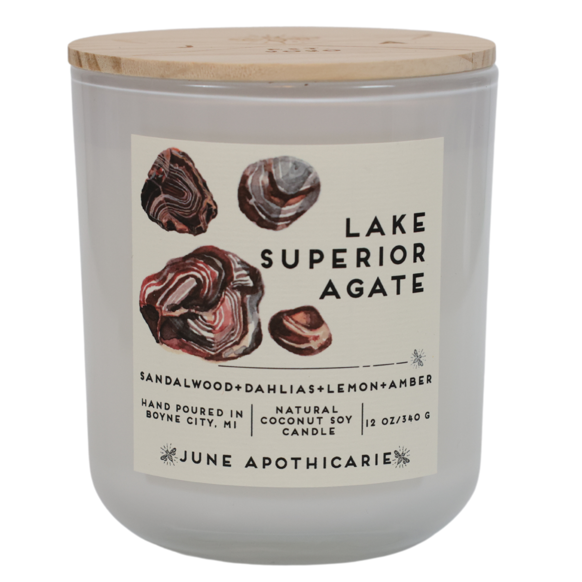 June Apothicarie - Wholesale Jar/Filled Candle - Lake Superior Agate 12 oz Glass Wooden Wick Candle1