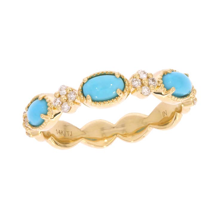 CR97067TQ5X3. 14K Solid Yellow Gold Diamond and Turquoise Band Ring for wholesale by Tresor Jewelry Inc.
