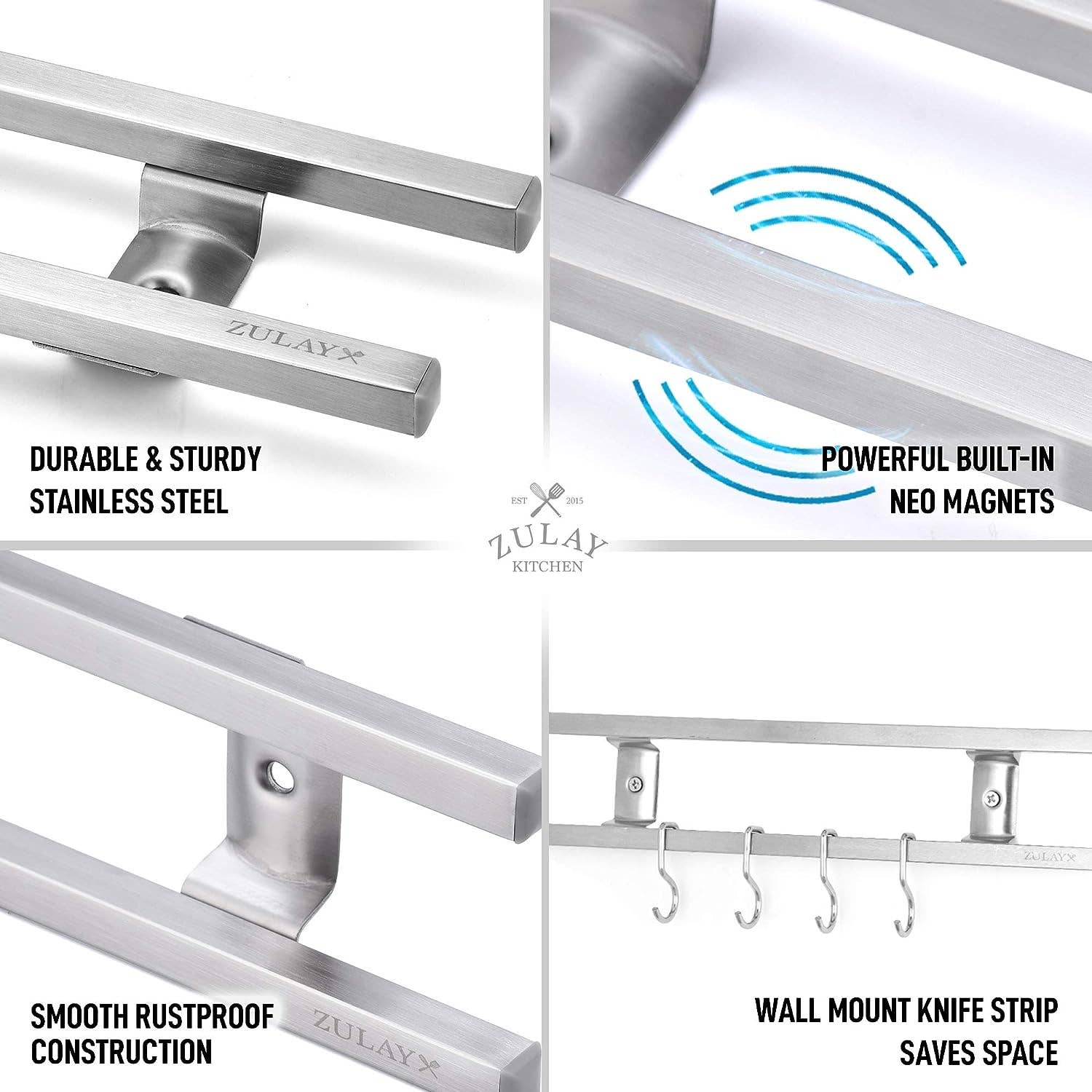 Zulay Kitchen – wholesale Knife storage – Stainless Steel Knife Magnetic Strip With Hanging Hooks11