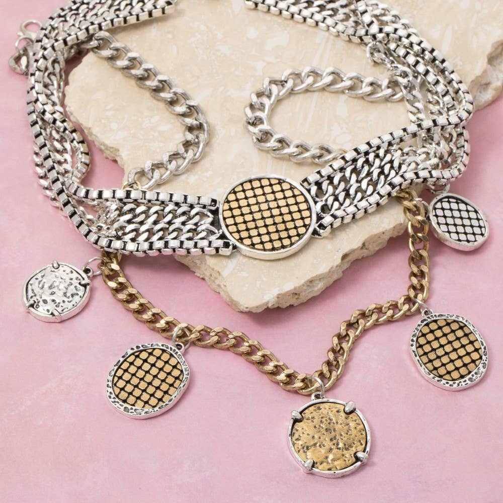 GS Two Tone Coin Charms Layered Chain Statement Necklace for wholesale on Faire0