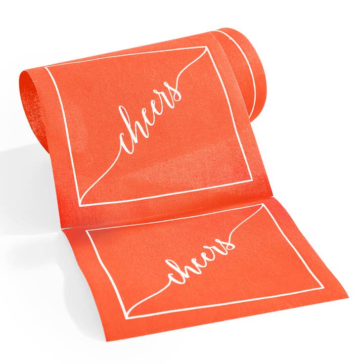 Cotton Cocktail Napkin Roll: Late Sunset (White "Cheers") for wholesale by Table Theory (Formerly Toasting with Tara)