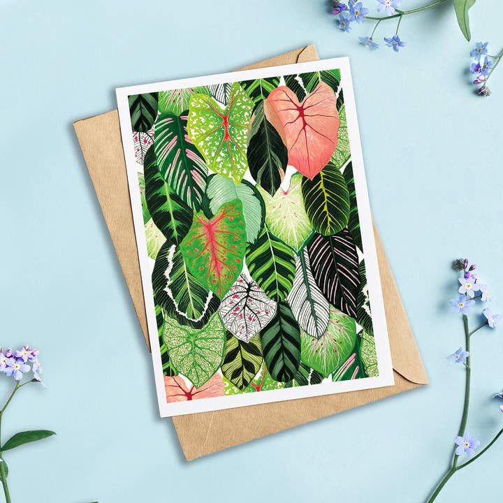 Tarjeta de pintura de planta de oración de Calathea y hojas de caladio para venta al por mayor de Lara Oztekin Designs