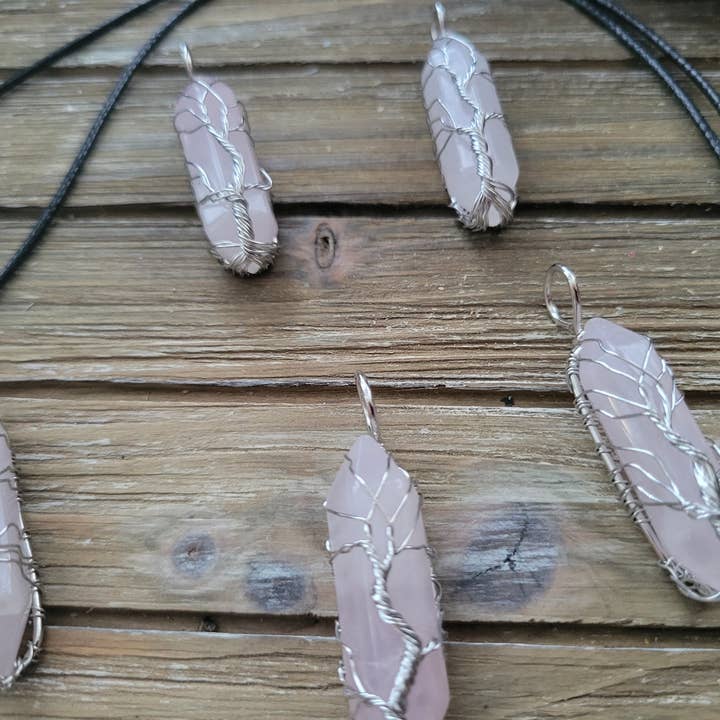 Natural Rose Quartz Big Wire Wrapped Pendants and Cord for wholesale by My Magic Place Shop