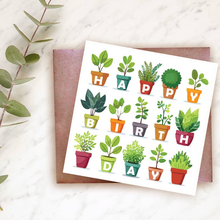 Birthday card for plant lover, gardening theme greeting card for wholesale by LauraFabbriArt