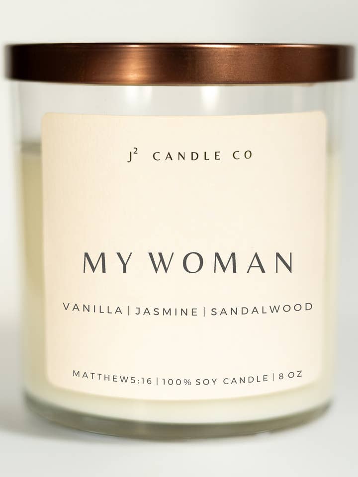 Vanilla + Jasmine + Sandalwood Soy Candle - My Woman for wholesale by J Squared Candle Co
