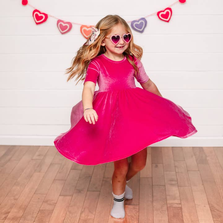 millie + roo LLC - Wholesale Dress - Kids - VELVET MID SLEEVE TWIRL- Pink Opal (Hot Pink) Stretch Velvet Twirl Dress