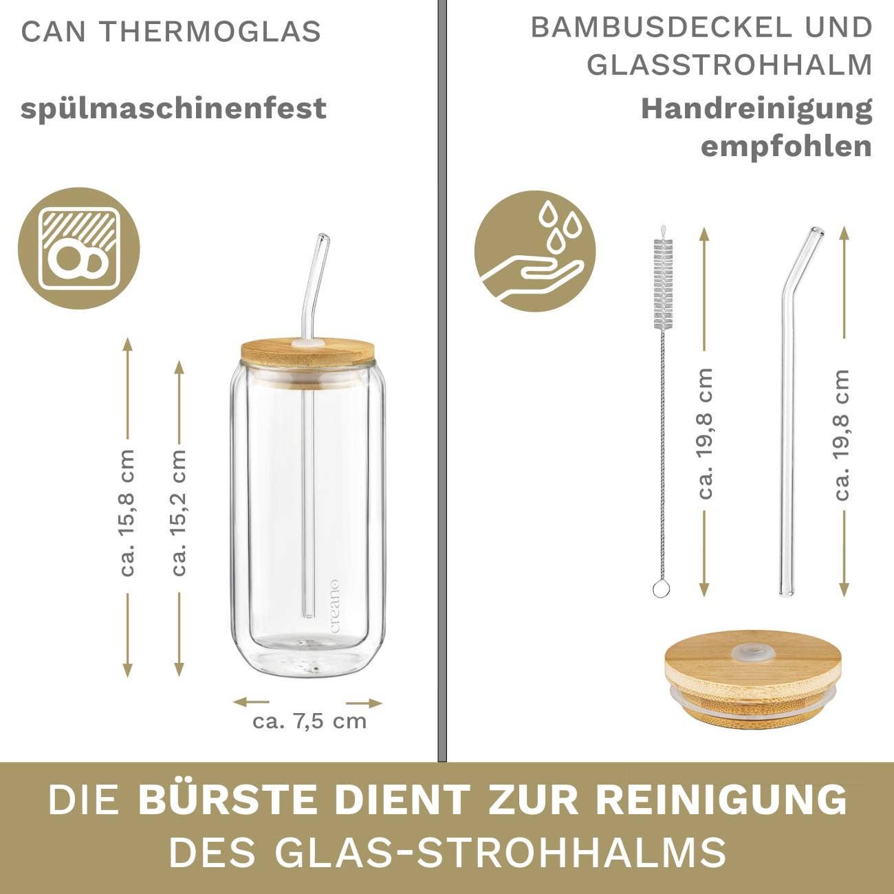 Creano - Vente Verre/tasse - Set de 4 verres Creano double paroi avec couvercle bambou et paille, 360 ml2