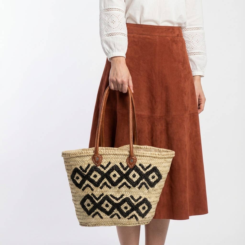 Melecraft - Vente Paniers - Cabas de marché en paille brodé d'arabesques avec poignées en cuir11
