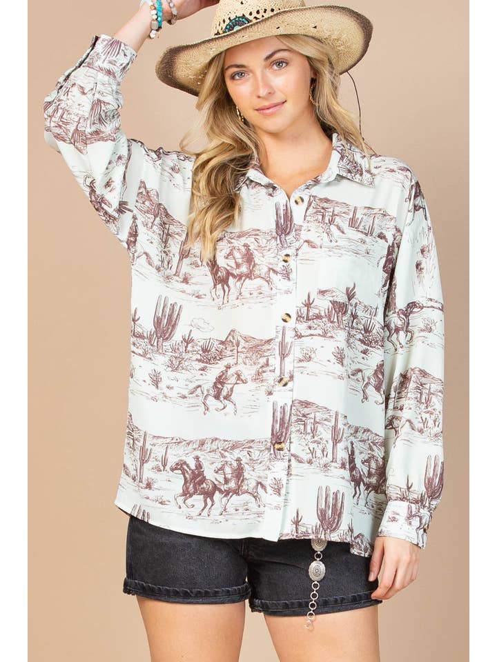 LIGHT PISTACHIO BROWN AV1263-JANE WESTERN PRINT BUTTON DOWN WOVEN SHIRT for wholesale on Faire3