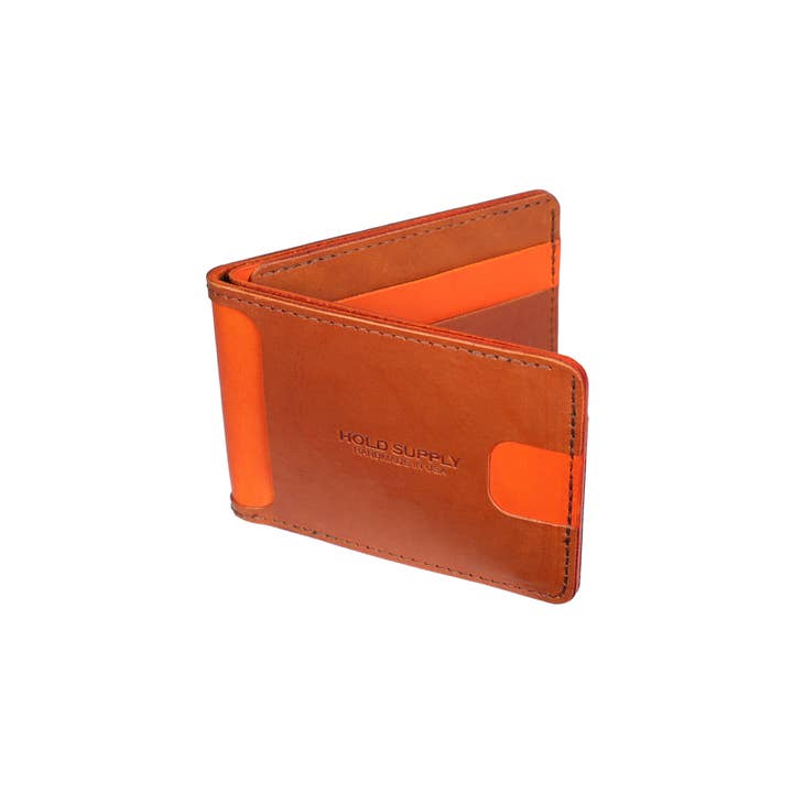 Cartera plegable de cuero naranja y marrón, Cartera plegable para hombre para venta al por mayor de HOLD SUPPLY