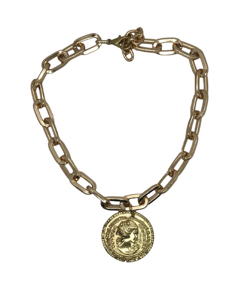 Gloria Mago - Wholesale Pendant/Charm Necklace - Andro necklace on golden rectangular chain and coin0
