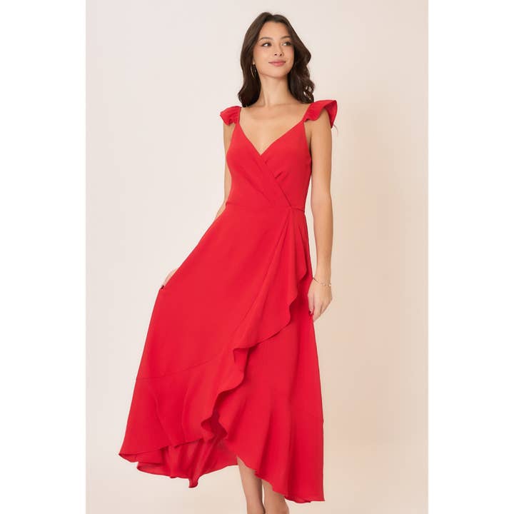 Ruffle Cap Sleeve Ruffle Tulip Overlap Maxi Dress for wholesale by Cozy Casual, Inc.