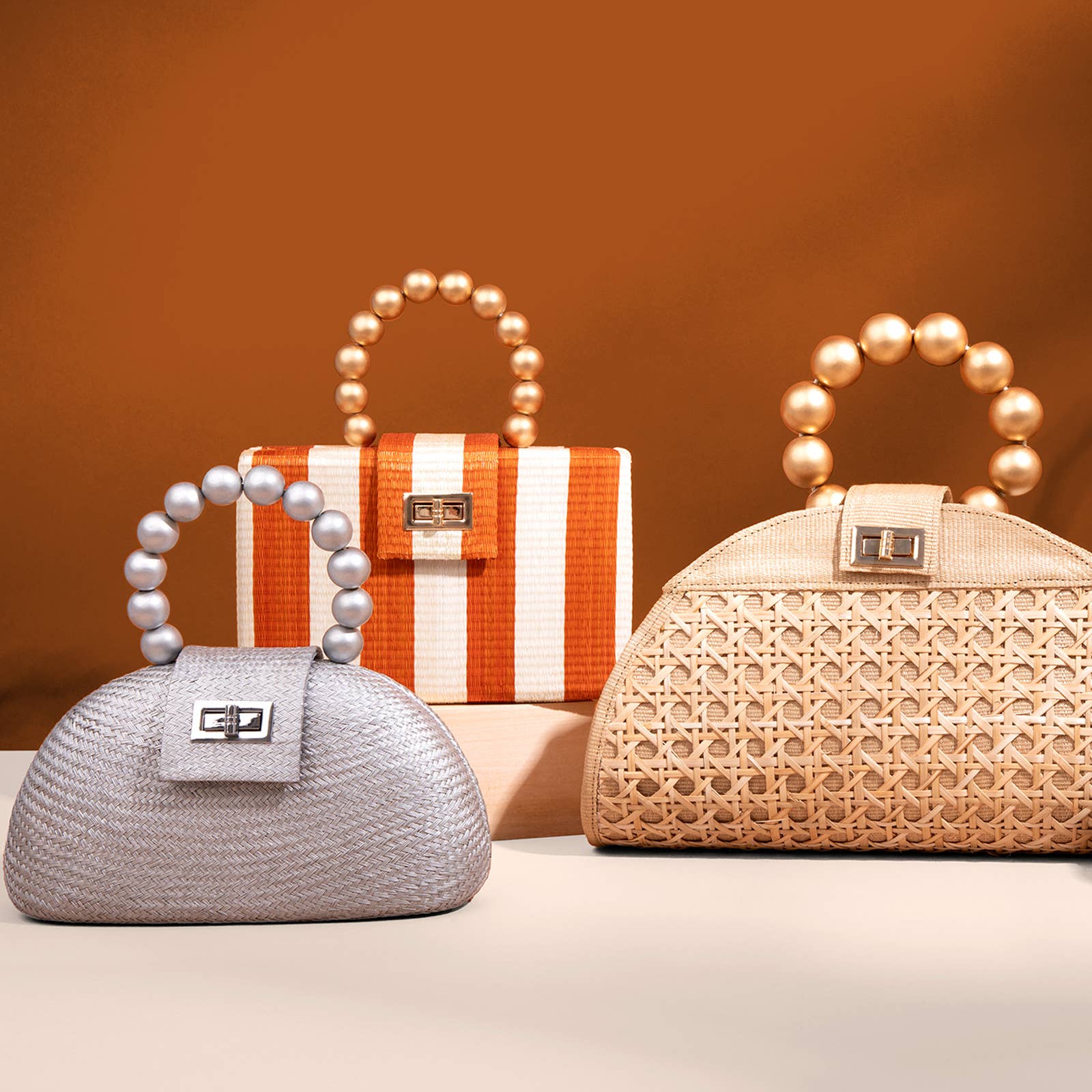 Soli & Sun - Wholesale Clutch Bag - Women's - Orange Stripe Clutch Bag | Gold Bead Handle | Artisanal Luxe2