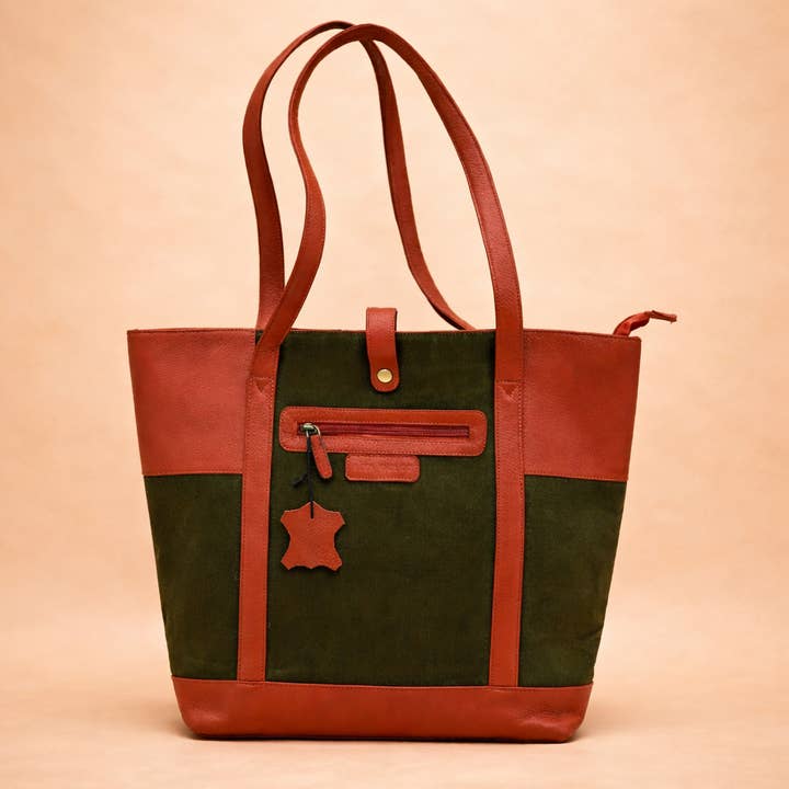 Genuine Leather & Canvas Tote Bag – Green Brown Laptop & Tab for wholesale by Alta Quero