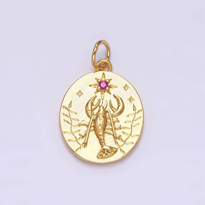 14K Gold Filled Fuchsia CZ North Star Lobster Kelp Ocean Oval Charm | AC1155 for wholesale by Aim Eternal