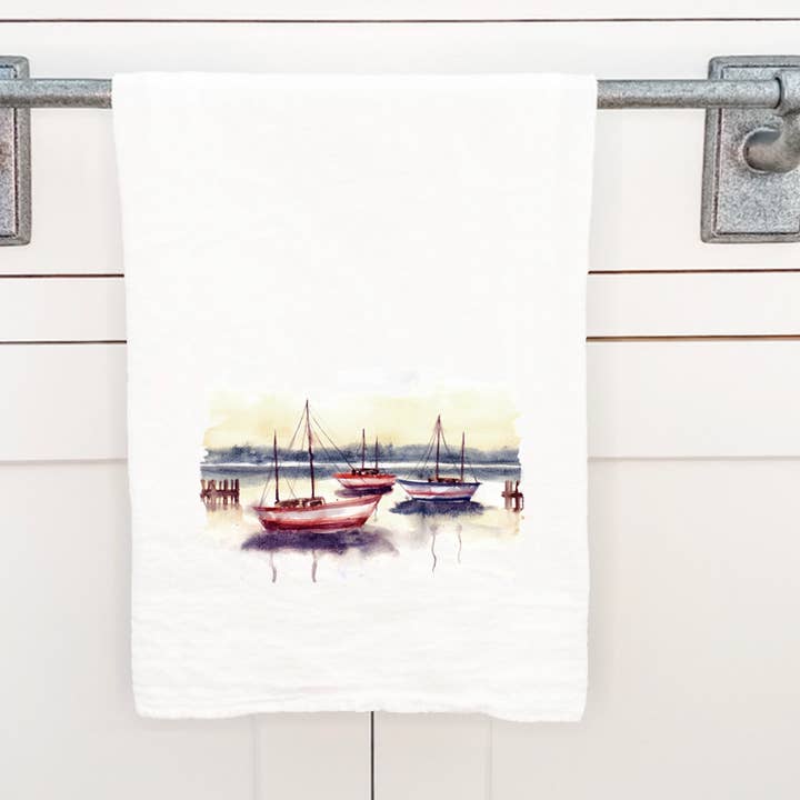Sunset Harbor - Cotton Tea Towel for wholesale by Cottage Shore
